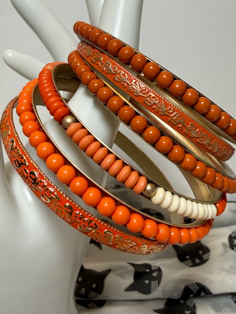 6 Orange Bangles Mix Match Stack Beaded Gold Toned Bracelets
